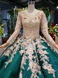 Ball Gown Long Sleeve Satin Beads Prom Dresses, Quinceanera Dresses with Appliques STA15059