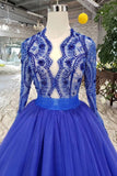 Long Sleeves V Neck Prom Dresses Tulle With Applique A Line