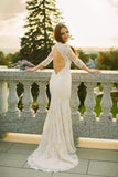 Mermaid Scoop Wedding Dresses 3/4 Length Sleeves Lace Open