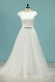 A Line Bateau Short Sleeves Satin & Tulle With Beads Wedding