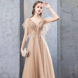 A Line V Neck Tulle Long Prom Dresses, Cheap Evening Dress with STA20488
