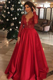 Elegant Long Sleeve Red Lace Beads Long Prom Dresses, A Line Satin Evening