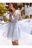 A Line V Neck Short Homecoming Dresses Tulle With