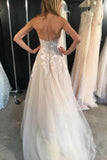 Ivory Strapless Tulle Long Beach Wedding Dresses, Sexy Appliques Bridal