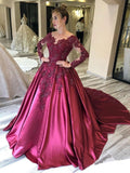 Ball Gown Long Sleeves Burgundy Satin Beads Prom Dresses with Appliques, Quinceanera Dress STA15498