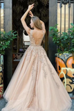 A Line Bateau Neckline Beadings Sash Prom Gown Champagne Appliques Lace Up Back Prom STAP9H7T9ZJ