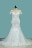 New Arrival Mermaid/Trumpet Wedding Dresses V-Neck Tulle With Applique Short