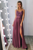 Classic A Line Spaghetti Straps Split Prom Dresses Long With Lace