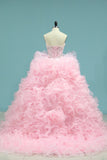 Organza Quinceanera Dresses Sweetheart With Beads And Applique Court Train