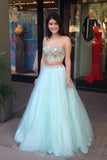 Cute Spaghetti Straps 2 Pieces Long Mint Beading Tulle Prom Gowns Prom