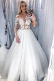 Charming Long Sleeve White Tulle Prom Dresses with Appliques, Long Evening Dress STA15105