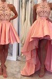 A Line High-Neck Satin & Lace Short/Mini Homecoming Dresses With Detachable