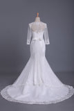 Scoop 3/4 Length Sleeve Mermaid Wedding Dress Tulle With Sash Court