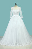Bateau Wedding Dresses Long Sleeves A Line Court Train Tulle With