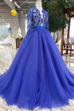 Long Sleeves V Neck Prom Dresses Tulle With Applique A Line