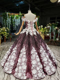 Ball Gown Off the Shoulder V Neck Satin Prom Dresses with Hand Made Flowers, Quinceanera Dress STA15064