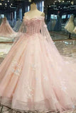 New Arrival Floral Pink Wedding Dresses Off The Shoulder With Handmade Flowers Lace