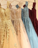 Charming Off the Shoulder Lace Appliques Gold Prom Dresses, Long Party Dresses STA15115