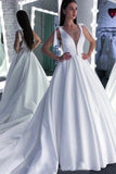 A Line Round Neck White Prom Dresses Bowknot Satin Wedding Dresses STA15022