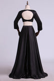Two Pieces There Quarter Sleeves Prom Dresses Bateau Satin Backless Floor
