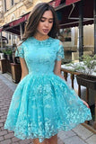 A-Line Short Sleeves Short Homecoming Dress With Lace