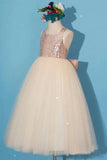 Princess Gold Sequin Shiny Round Neck Flower Girl Dresses with Bowknot, Baby Dresses STA15589