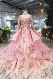 New Prom Dresses Long Sleeves Ball Gown High Neck With Applique&Beads Lace Up