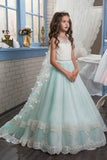 A Line Tulle With Applique Flower Girl Dresses Scoop Sweep