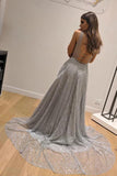 Chic A-Line Silver Backless V Neck Fashion Custom Unique Long Prom Dresses STA15130