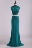 Two Pieces High Neck Sheath Prom Dresses With Applique And