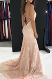 Elegant Straps V Neck Lace Mermaid Long Evening Dresses Prom STAPS1EG38N