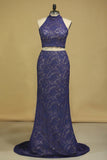 Prom Dresses Sheath High Neck Two Pieces Lace Sweep