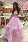 Unique Pink Tulle Long Prom Dresses, Strapless Belt Sweet 16 Dress STA15462