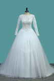 Bateau Long Sleeves A Line Tulle Wedding Dresses With Applique Court