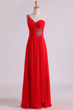 Red One Shoulder A Line Prom Dresses Chiffon Floor Length With Beading And
