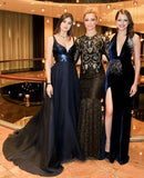 2024 A-Line V-Neck Dark Blue Sleeveless Satin Floor-Length Sweep Train Prom Dresses