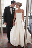 A-Line Sweetheart Strapless Backless Floor-Length Ivory Satin Wedding Dresses with Ruched