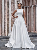 A-Line/Princess Satin Bateau Ruffles Sleeveless Sweep/Brush Train Wedding Dresses TPP0006673