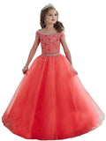 Ball Gown Off-the-Shoulder Sleeveless Beading Floor-Length Tulle Flower Girl Dresses TPP0007563
