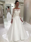 A-Line/Princess Satin 3/4 Sleeves Lace Sweep/Brush Train Off-the-Shoulder Wedding Dresses TPP0006870