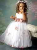 A-line/Princess Sleeveless Scoop Hand-made Flower Long Tulle Flower Girl Dresses TPP0007561