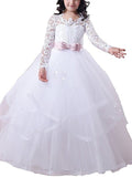 Ball Gown Jewel Long Sleeves Lace Floor-Length Tulle Flower Girl Dresses TPP0007554