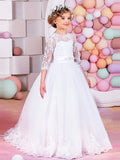 Ball Gown Jewel 1/2 Sleeves Lace Sweep/Brush Train Tulle Flower Girl Dresses TPP0007566