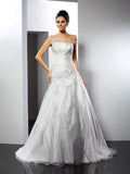 A-Line/Princess One-Shoulder Applique Sleeveless Long Satin Wedding Dresses TPP0006789