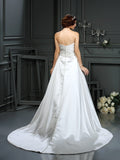 A-Line/Princess Strapless Beading Sleeveless Long Satin Wedding Dresses TPP0006869