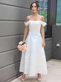 A-Line/Princess Satin Ruffles Spaghetti Straps Sleeveless Ankle-Length Wedding Dresses TPP0007030