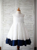 A-line/Princess Scoop Sleeveless Bowknot Tea-Length Lace Flower Girl Dresses TPP0007556