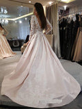 A-Line/Princess Satin Applique V-neck Long Sleeves Sweep/Brush Train Wedding Dresses TPP0006826