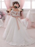 Ball Gown Off-the-Shoulder Short Sleeves Sash/Ribbon/Belt Tulle Flower Girl Dresses TPP0007570