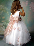 A-line/Princess Sleeveless Scoop Hand-made Flower Long Tulle Flower Girl Dresses TPP0007561